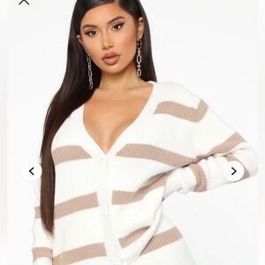 🆕 Fashion Nova Tan and White Striped Button Down Cardigan Sz XL